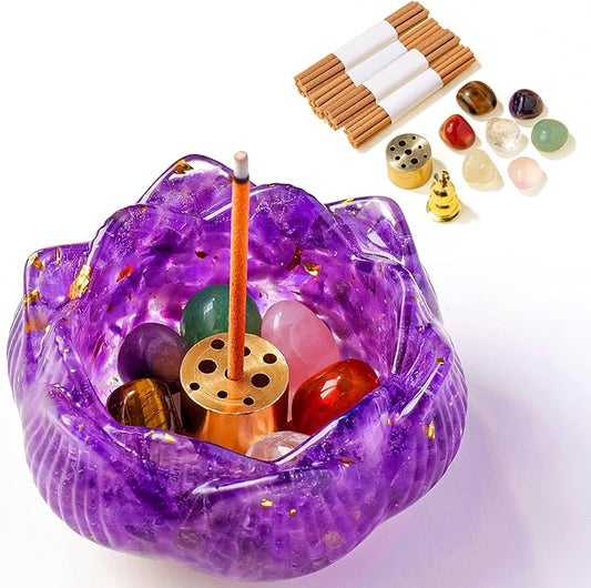 15pcs Set Amethyst Resin Crystal Lotus Incense Burner with 40 Incense Sticks and Removable Ash Collector - Protect Energy for Meditation Room, Yoga & Home Decor Birthday Lover Gift