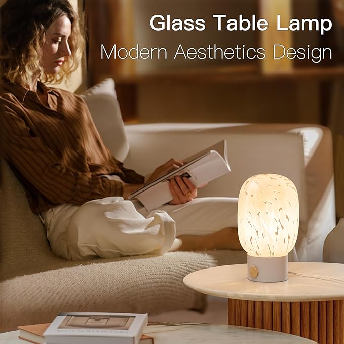 ONEWISH Table Lamp for Bedroom Nightstand,Bedside Lamp Translucent Glass Stepless Dimmable,Vintage Glass Lamp Murano Aesthetic Home Decor with Bulb for Living Room Kitchen Mother's Day