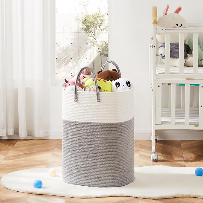 Laundry Basket,Woven Cotton Rope Laundry Hamper,Versatile Storage for Dirty Clothes,Baby Toys,and Blankets in Bathroom, Nursery,and Living Room (Grey, 40L)