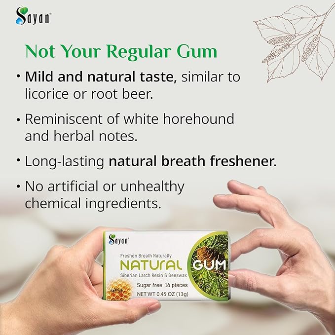 Sayan Sugar Free All Natural Gum, Siberian Larch Tree Resin and Beeswax Chewing Gum for Fresh Breath, Vegetarian, Non-GMO, No Sugar, Gluten Free, Aspartame Free, No Preservatives - 4 Packs (64 Pieces)