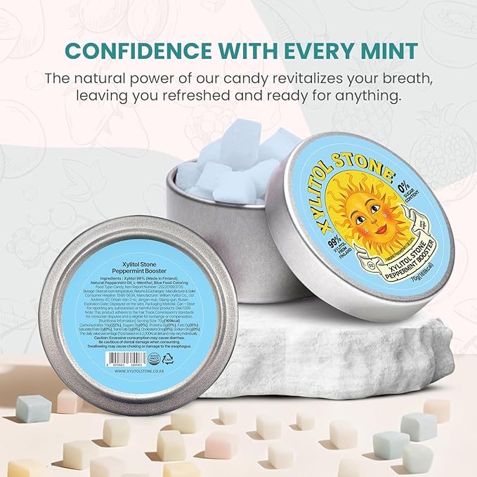 Xylitol Stone | Delicious Sugar Free Candy | 100% Finnish Xylitol Mints | Health Conscious Snacks | Refreshing Breath Mints | Unique Hard Candy Gift (Peppermint Booster Flavor)