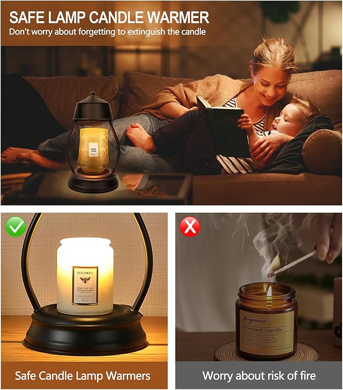 Candle Warmer Lamp, Dimmable Candle Warmer Lantern with Timer, Birthday Gifts for Women Mom, Dad and Fathers, House Warming Gifts, Black Large Lantern Candle Lamp for New Home Bedroom Decor
