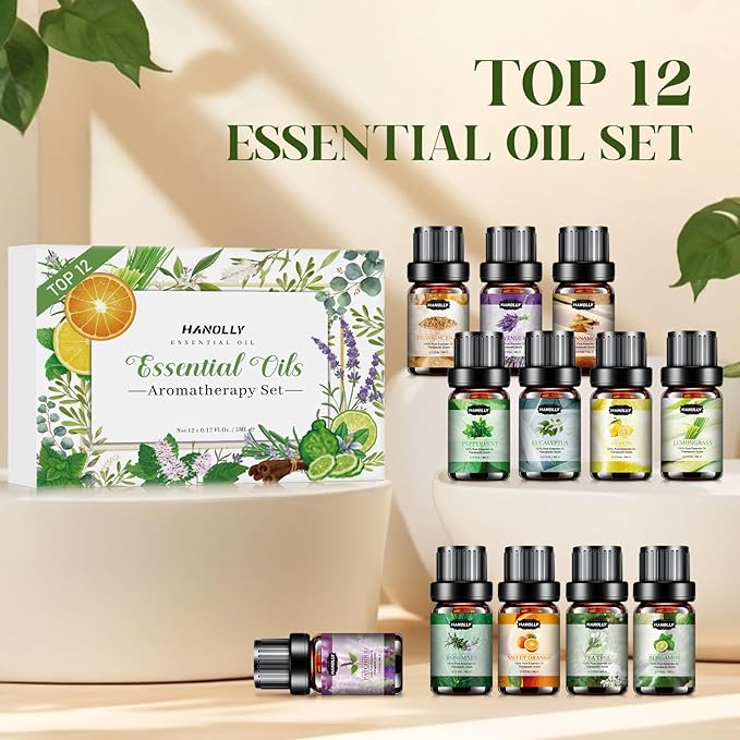 Essential Oils Set, Aromatherapy Essential Oil Kit for Diffuser, Humidifier, Massage, Skin Care (12 x 5ml) - Tea Tree, Lavender, Sweet Orange, Eucalyptus, Lemongrass, Peppermint