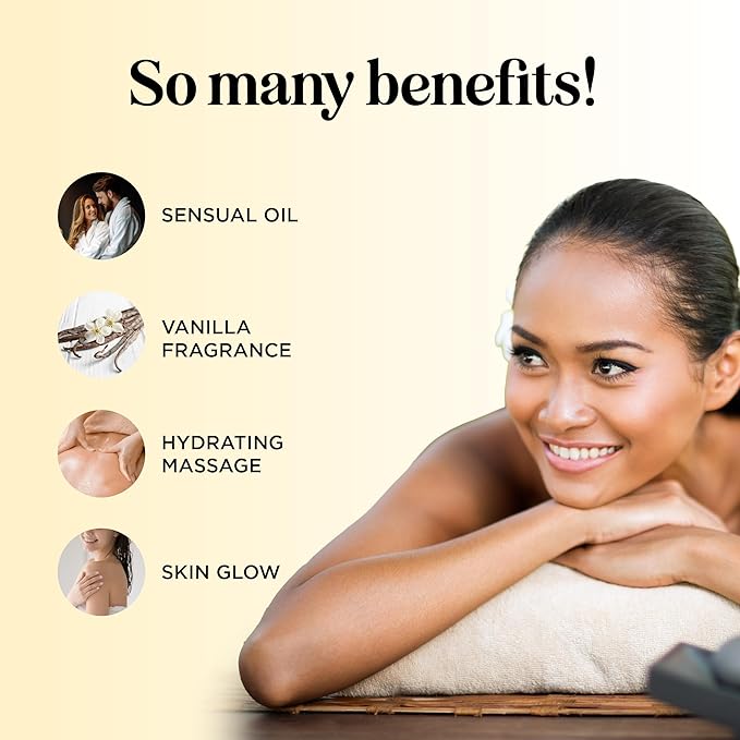 Luxurious Vanilla Massage Oil for Couples - Easy Glide Non Greasy Sweet Vanilla Sensual Massage Oils for Date Night with Silky Smooth Sweet Almond Oil Coconut and Jojoba - Vegan Non GMO & Gluten Free