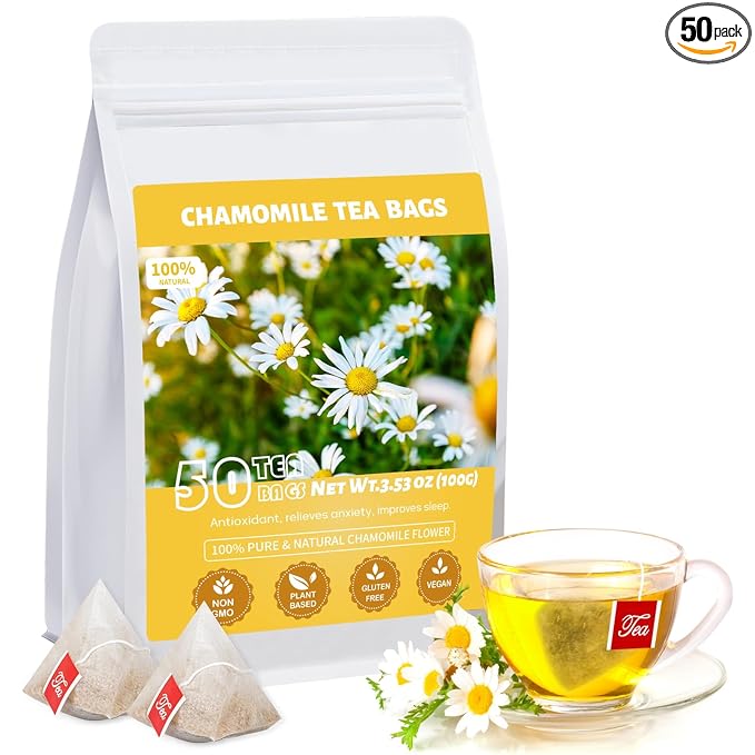Chamomile Tea Bags, 100% Natural Dried Chamomile Tea Flowers Loose Leaf Premium Herbal Tea No Sugar/Gluten, Caffeine Free-50 Count (Pack of 1)