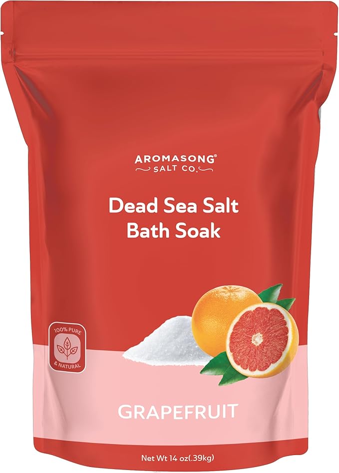 Aromasong Dead Sea Salt - Fine Grain Spa Salt Grapefruit Scent 14 Oz β 7 Uses Per Pack - Pure & Natural - Used for Body wash Scrub - Soak for Women & Men for Skin Issues and to Relax Tired Muscles