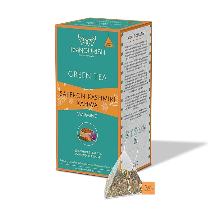 TeaNOURISH Saffron Kashmiri Kahwa | 20 Count Pyramid Tea Bags | Whole Leaf Green Tea | Saffron, Cardamom, Cinnamon, Almond | Warming & Soothing | Improves Digestion, Boosts Immunity