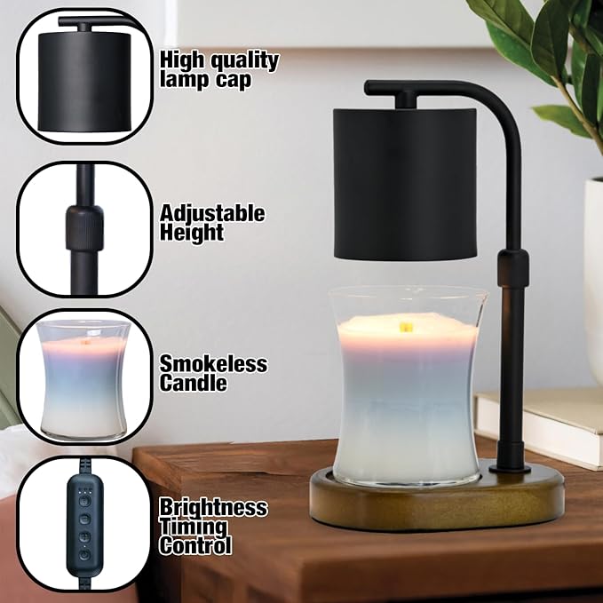 Candle Warmer Lamp Timer - Adjustable Black Candle Lamp Warmer, Birthday Gifts for Women, for Mom, House Warming Gifts New Home, Candle Warmer for Jar Candles with 2 Bulb