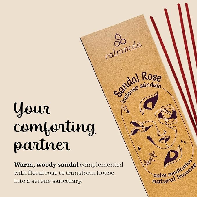 Sandal Rose Incense Sticks Natural - for Meditation Incense (40+ Sticks) Clean Charcoal Free Made from Upcycled Flowers | Sweet Woody Sandalwood for Calm Feel (Incienso De Rosas)