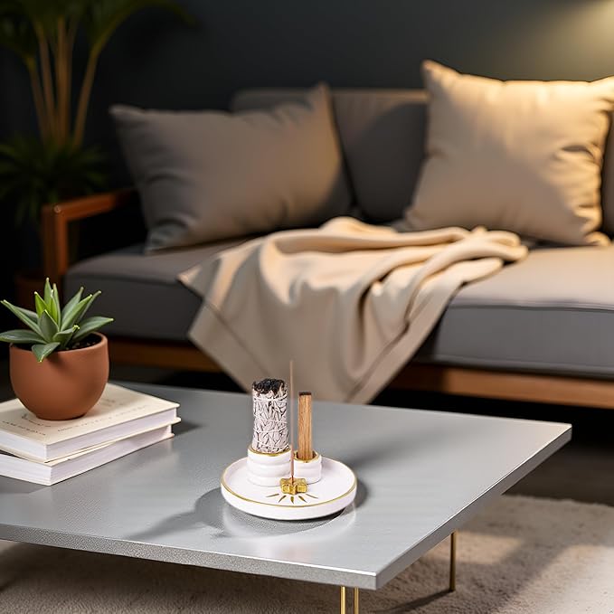 Ceramic Incense Holder Burner, Sage Holder for Burning, Palo Santo Sticks Holder, 5.51" Ash Catch Tray, Smudge Dish for Meditation Yoga, Modern Home Decor Gift