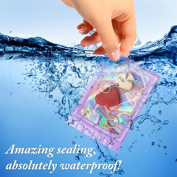 100 Pieces Smell Proof Mylar Resealable Bags, Holographic Packaging Bags, Resealable Odor Foil Pouch Zip Bag with Clear Window for Food Storage and Lipgloss, Jewelry Lash(Purple, 6.3 x 9.4 Inch)