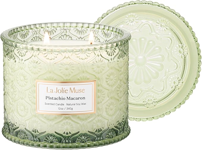 LA JOLIE MUSE Fall Candles | Pistachio Macaron Candle – Pistachio, Milk & Vanilla | 12 oz Double Wick Soy Candle | Natural Soy Wax | 60 Hours Clean Burn | Gift for Dessert Lovers | Seasonal Home Décor