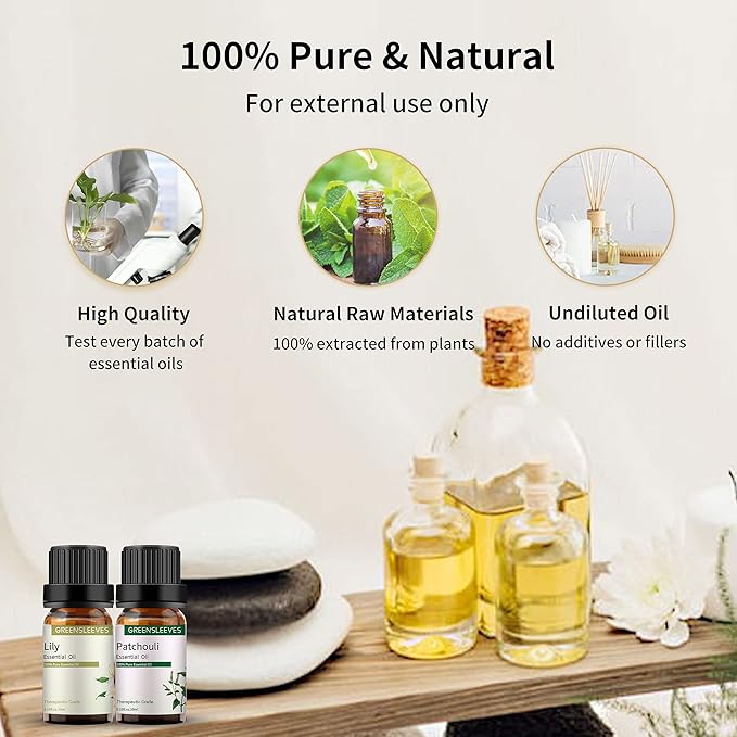 GREENSLEEVES Patchouli Lily Essential Oil Set, 2 x 10ml Pure Plant-Based Fragrance Oil for Aromatherapy, Essential Oils for Diffuser, Massage, Bath Bomb, Scented Candle Soap Making