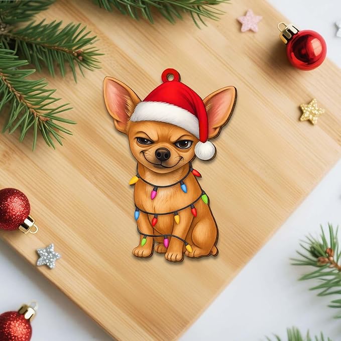 2 Side Printed Flat Christmas Wooden Ornaments, Animal Keepsake Hanging Tree Decoration, Santa Chihuahua Ornament