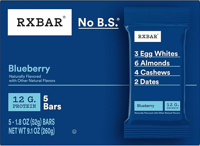 RXBAR Protein Bars, 12g Protein, Gluten Free Snacks, Blueberry (6 Boxes, 30 Bars)