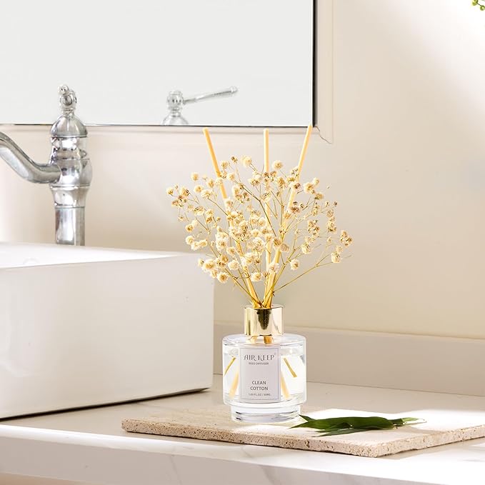 Airkeep Reed Diffuser Set of 3,Clean Cotton White Jasmine White Tea Oil Reed Diffusers for Bedroom Living Room Office Aromatherapy Oil Reed Diffuser for Gift 50ml x 3