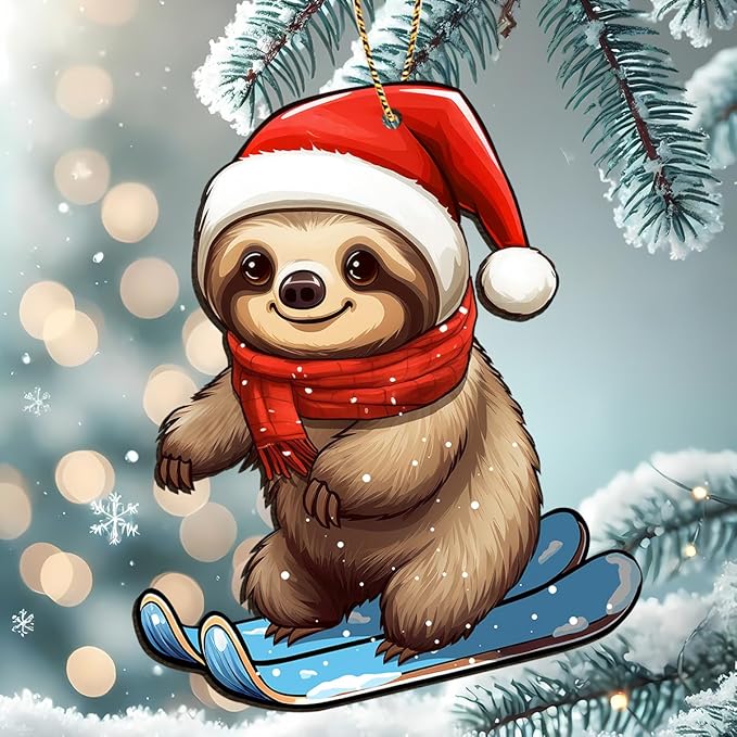 2 Side Printed Cute Sloth Wooden Christmas Ornaments, Keepsake for Women, Men and Friends, Sloth Christmas Tree Ornaments, Christmas Tree Hanging Decorations