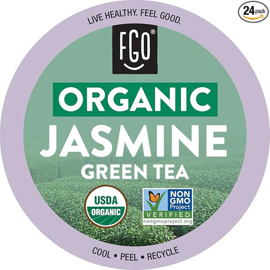 FGO Organic Jasmine Green Tea K-Cup Pods for Keurig, 24 Count (Pack of 1), Premium Green Tea is USDA Organic, Non-GMO, & Recyclable with Naturally Occurring Caffeine