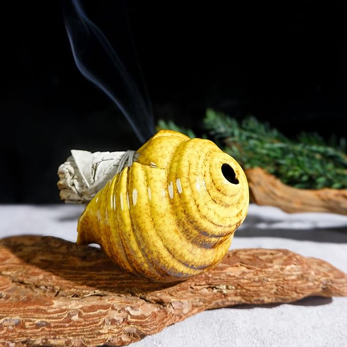 Yellow Ceramic Conch Palo Santo Holder - Mini Chimney Incense Burner, Tabletop Smudge Bowl Compatible with Sage/Sticks/Cones/Copal,for YogaćZen MeditationćWitchcraft, Ideal Altar Decor Gift