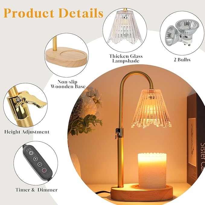 Candle Warmer Lamp with Timer, Dimmable Candle Lamp Adjustable Height, Birthday Gifts for Mom Women, House Warming Gifts New Home Decor