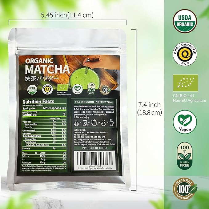 TIAN HU SHAN Organic Matcha Green Tea Powder 4.0oz/114g, Matcha Culinary Grade For Lattes, Cooking, Baking