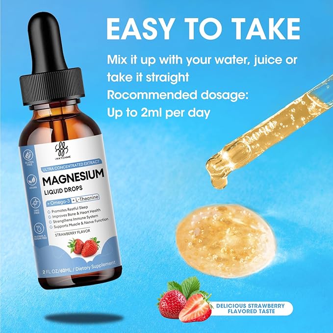 iMATCHME Magnesium Glycinate Liquid Drop with Citrate, Oxide and Taurate, Calm Magnesium with Omega3, L-Theanine, D3, B6, B12 for Calm, Sleep, Leg Cramps, Muscles, Energy, Sugar-Free Strawberry Flavor