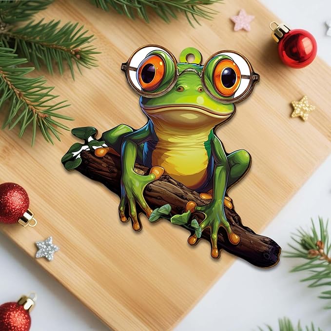 Green Frog Christmas Tree Keepsake Ornaments, Funny Frogs Themed 2 Side Printed Flat Wooden Ornament, Xmas Hanging Decor