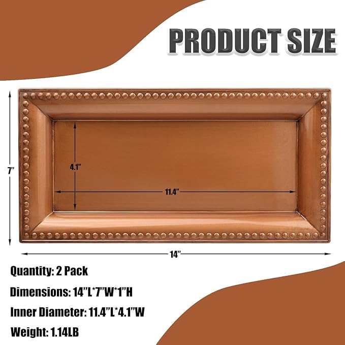 2 Pack Bronze Bathroom Vanity Tray for Countertop with Beads, Small Plastic Toilet Tank Versatile Storage Organization Tray for Makeup, Perfume, Desk, Kitchen, Candles, 14"x7"x1", 36GT