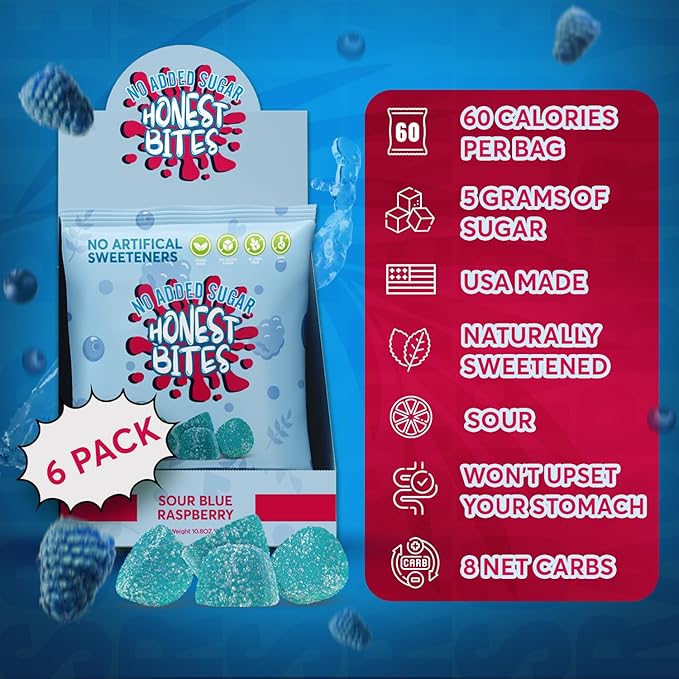 Honest Bites Low Sugar Sour Gummy Candy, Sour Blue Raspberry Flavor - Low Calorie, Keto Friendly, Low Sugar Snack for Diabetics, Zero Carb - 6 Pack
