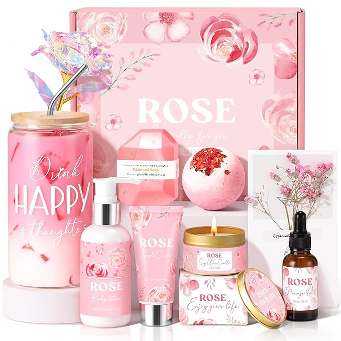 Birthday Gifts for Women, Rose Relaxing Spa Gift Basket for Women Friendship, Self Care Package Get Well Soon Thank You Gift Box, Mothers Day Gifts for Mom Her Sister Wife Best Friends Coworker Bestie