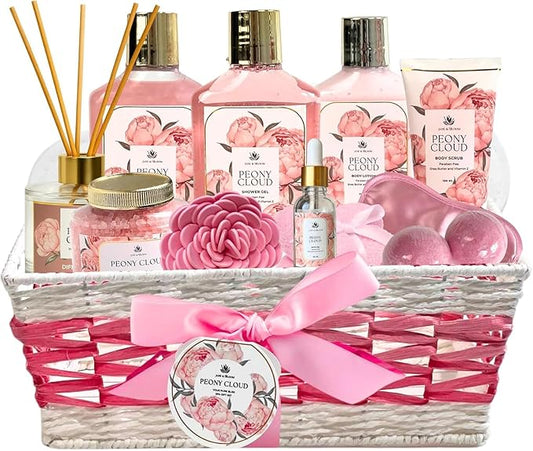 Spa Gift Basket for Women – Peony Cloud | 13-Piece Self Care Gift Set with Bubble Bath, Bath Bombs, Peony Diffuser, Lotion, Shower Gel, Bath Salt & More | Spa Gifts for Her, Birthday, Mother’s Day