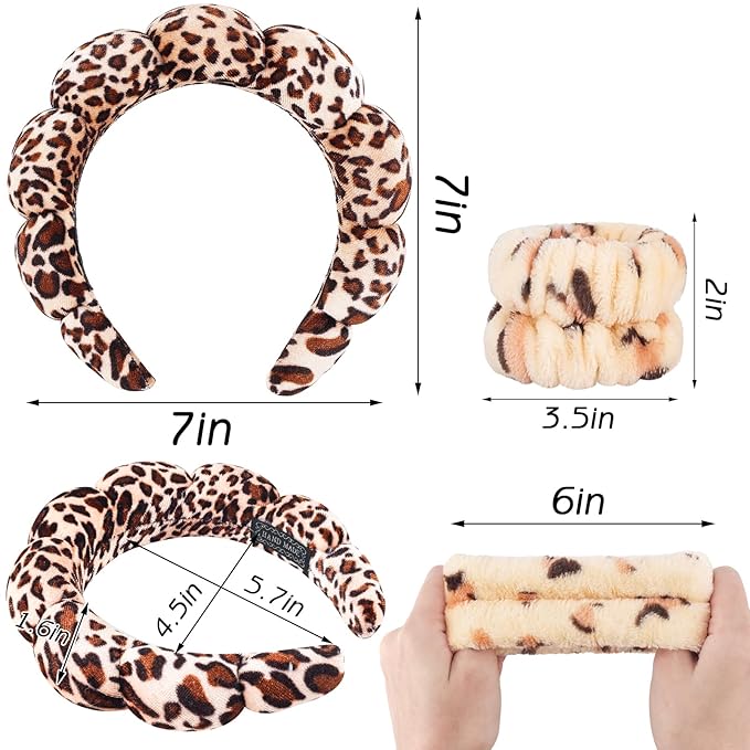 Zkptops Spa Headband for Washing Face Wristband Set Sponge Makeup Skincare Velvet Fabric Bubble Soft Get Ready Hairband for Women Girl Puffy Padded Headwear Non Slip Thick Hair Accessory(Leopard 1)
