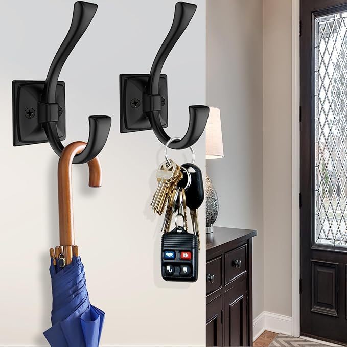 2 Pack Antique Black Coat Robe Hooks for Wall Hanging Hat, Key, Bag, Robe, Towel, Mudroom Hook Entrance Bathroom Door Decorative Heavy Duty Hats Hanger