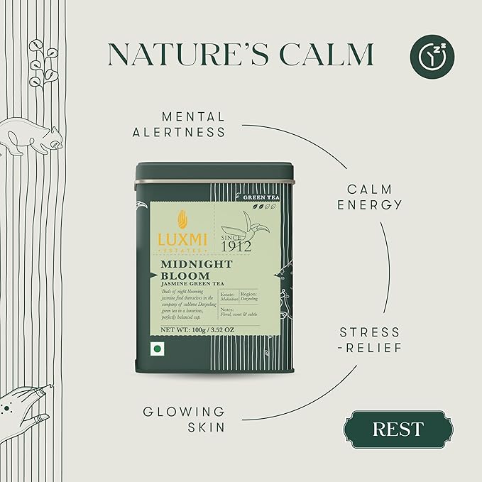 Luxmi Estates, Midnight Bloom, Organic Jasmine Tea (Loose Leaf 100g) Jasmine and Darjeeling Green Tea for Energy with no Jitters, Natural Aid Relieve Stress, Improved Mental Clarity and Immunity