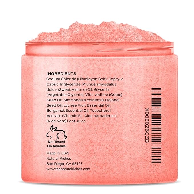 Natural Riches Himalayan Pink Salt Body Scrub, Exfoliating Salt Scrub for Women & Men, Deep Cleansing Body Exfoliant with Lychee & Bergamot Essential Oil – Natural Skin Polish for Smooth, Radiant Glow