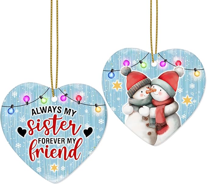 1pc 2 Side Printed My Sister Forever My Friend Ceramic Ornament 2025, Heart-Shaped Christmas Tree, Cute Keepsake Decoration