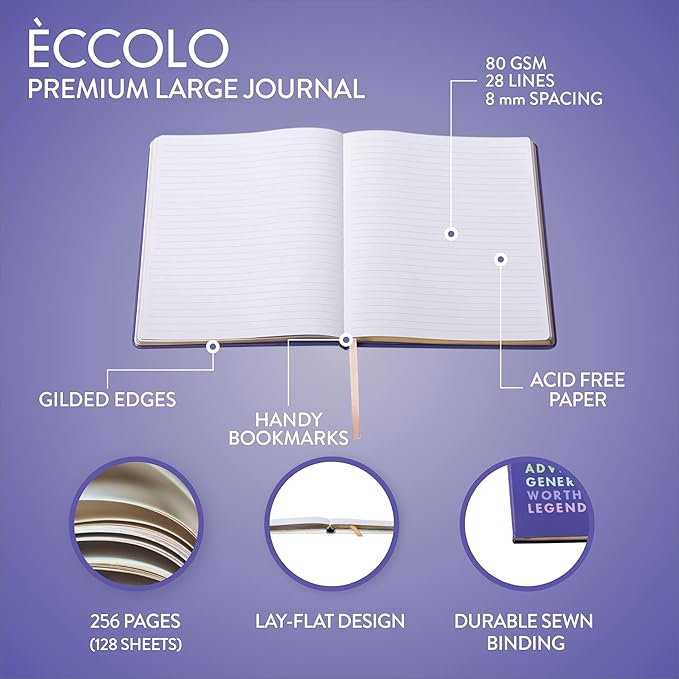 Eccolo Large Lined Journal Notebook, Hardbound Cover, Writing Journal, 256 Ruled Pages, Gilded Edge, Ribbon Bookmark, Lay Flat, Desk Size for Work or School, Creative List (Purple, 8x10 inches)