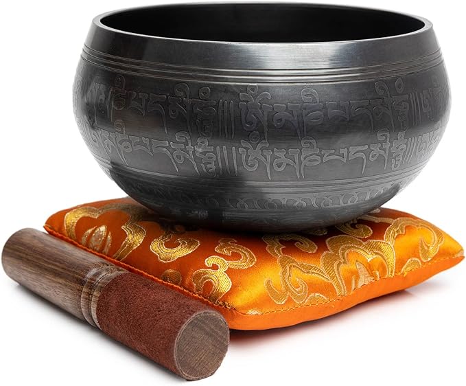 Tibetan Singing Bowl Set - Easy To Play Authentic Handcrafted For Meditation Sound Chakra Yoga Healing 4 Inches By Himalayan Bazaar (Black & Orange)