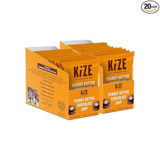 KiZE Energy Bars - Peanut Butter Chocolate Chip - 20-Count - Gluten Free, Dairy Free, Non-GMO, and High Protein Meal Replacement Energy Bars, Clean and Simple Food Ingredients - 10g High Protein Snacks (20 Count)