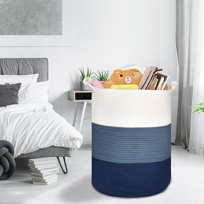 COMSE Extra Large Blanket Basket, Tall Woven Storage Basket, Nursery Hamper, 15.7”x 21.7”, Cotton Rope Laundry Hamper for Toys Clothes Towels, White/Cadet Blue/Navy Blue