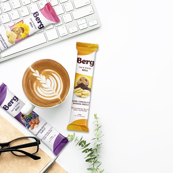 Berg Oat N' Energy Bites - Dark Chocolate Banana Bread - Non-GMO, Gluten Free, Dairy Free, Soy Free and Vegan - Clean Energy Snack - 1.5oz, (8 Pack)