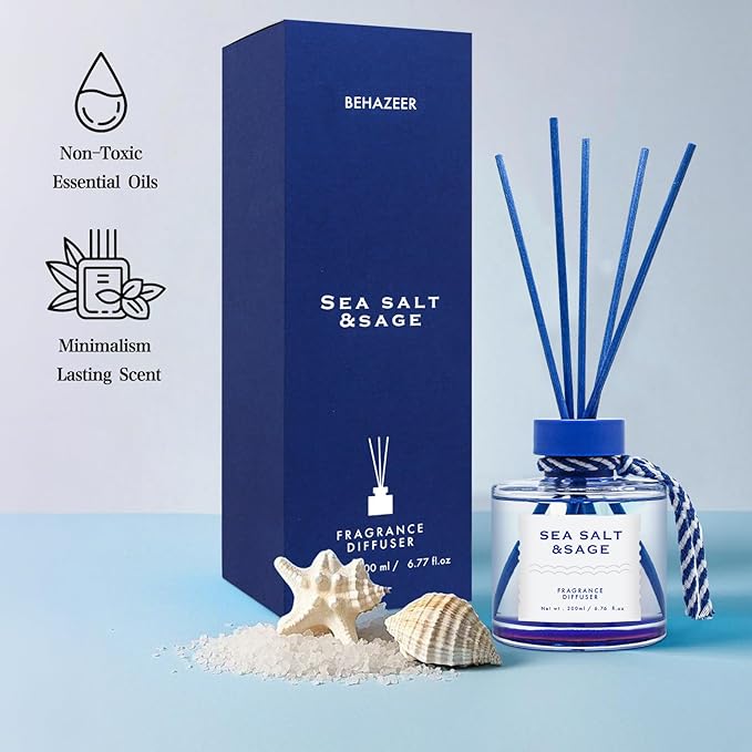 Sea Salt Reed Diffuser, 6.77OZ/200ML Large Capacity Natural Non-Toxic Oil, Long-Lasting Fragrance Reed Diffusers Set for Home and Bathroom, Aroma with 5 Reed Diffuser Sticks Gifts