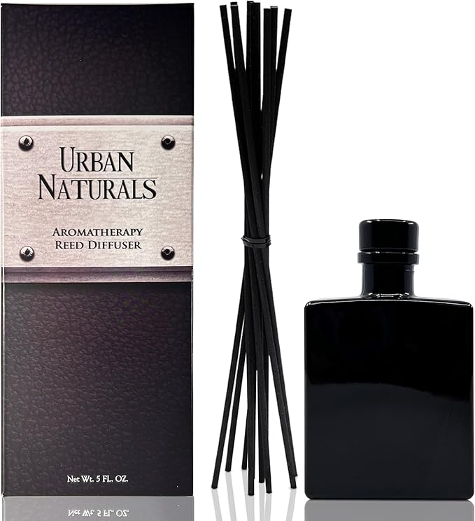 Urban Naturals Oud & Citrus Reed Diffuser Set – Made with Essential Oils – Citrus, Oud, Cedar, Amber & Wood Notes – 5 Ounce Sleek Black Rectangular Refillable Glass Bottle – Made in The USA