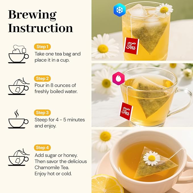 Chamomile Tea Bags, 100% Natural Dried Chamomile Tea Flowers Loose Leaf Premium Herbal Tea No Sugar/Gluten, Caffeine Free-100 Count (Pack of 1)