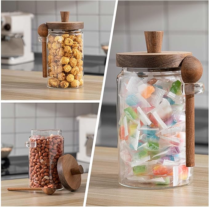 Suclain 2 Set Glass Bath Salts Jar with Wooden Lids and Scoop Bath Salt Container Food Airtight Storage Containers for Sugar Coffee Bean Candy Spice, 26oz