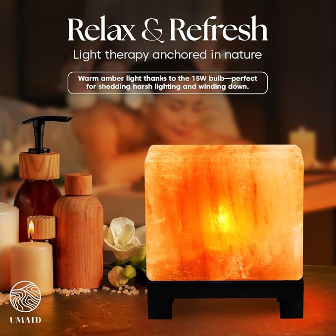 UMAID Himalayan Salt Lamp Rectangle, Natural Pink Rock Lamp on Modern Wood Base with Night Light Bulb and Dimmable Cord, Unique Home Decor, Zen Gifts, Perfect for Spa and Meditation Accessories