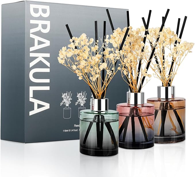 Brakula 3 Pack Reed Diffuser, Oil Diffuser Sticks, Fresh Linen, White Jasmine,Eucalyptus&Wild Mint, (4 fl oz Each Pack), Home Fragrance with 15 Stick, Shelf Decor, Reed diffusers for Home