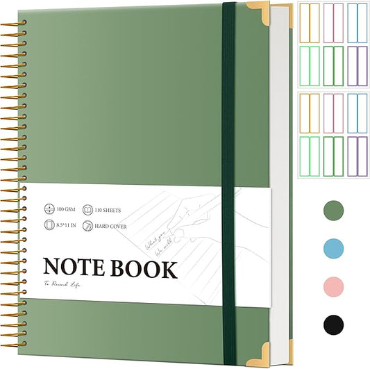 Large Spiral Notebook College Ruled with Tab Stickers A4 Notebooks for School Supplies Hardcover Spiral Notebook 8.5 x 11 Journal Note Book for Work Note Taking Women Men Writing, 220 Pages, Green