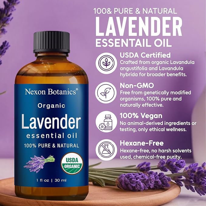 Organic Lavender Essential Oil 30 ml - Pure, Natural Oils for Aromatherapy, Diffusers, DIY, Candle and Soap Making Scent - Nexon Botanics