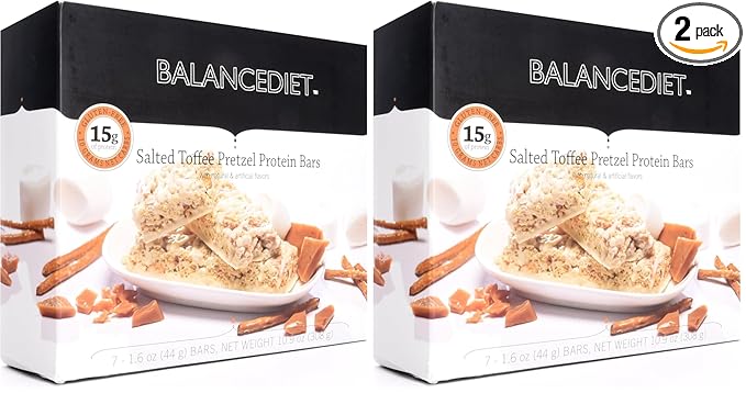 BalanceDiet™ | Protein Bar | 15g of Protein | Low Carb | 7 Bar Box (Salted Toffee Pretzel) (Pack of 2)